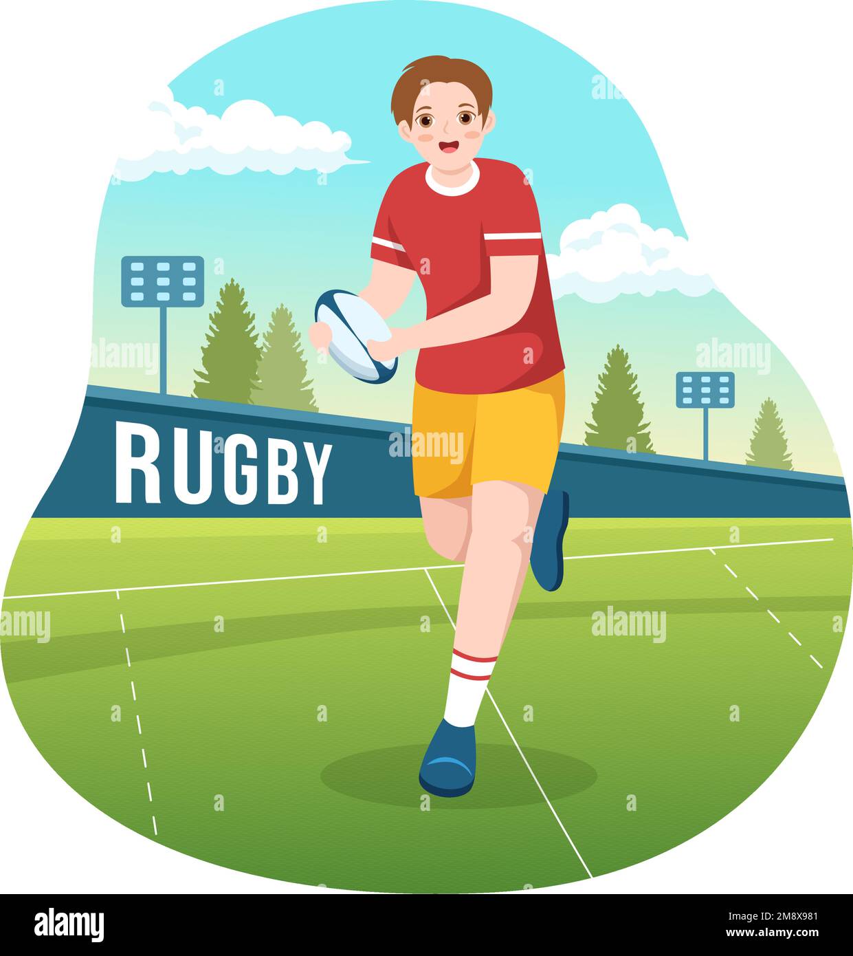 Rugby-Spieler mit einem Ball im Meisterschaftssport für Webbanner oder Landing Page in flachen, handgezeichneten Cartoon-Vorlagen Stock Vektor