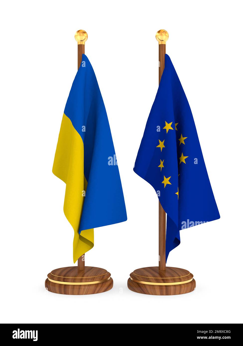 ukrainische und EG-Flagge auf weißem Hintergrund. Isolierte 3D-Abbildung Stockfoto