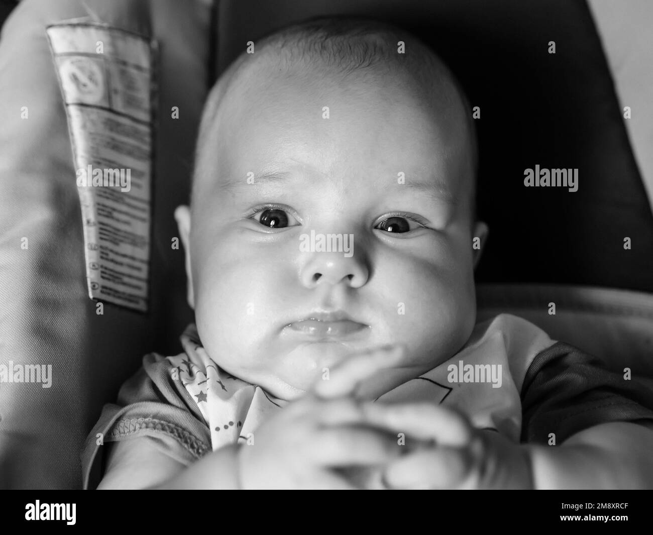 Schwarzweiß-Nahaufnahme eines kaukasischen Jungen-Kindes Stockfoto