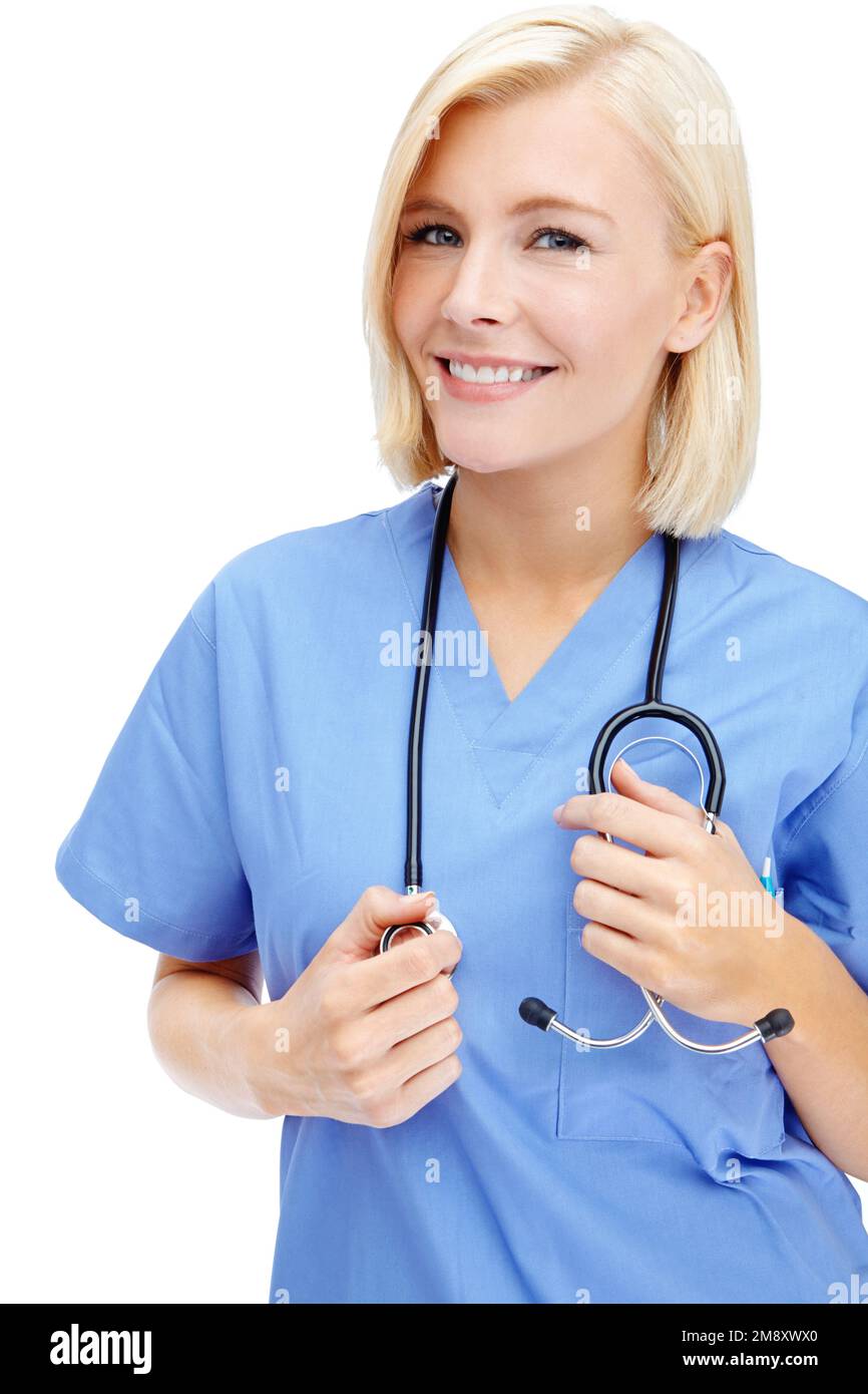 Krankenschwester, Porträt und medizinisches Stethoskop auf isoliertem weißem Hintergrund bei Herz-Kreislauf-, Lungen- oder Herz-Wellness-Check. Lächeln, glückliche Frau und Gesicht von Stockfoto