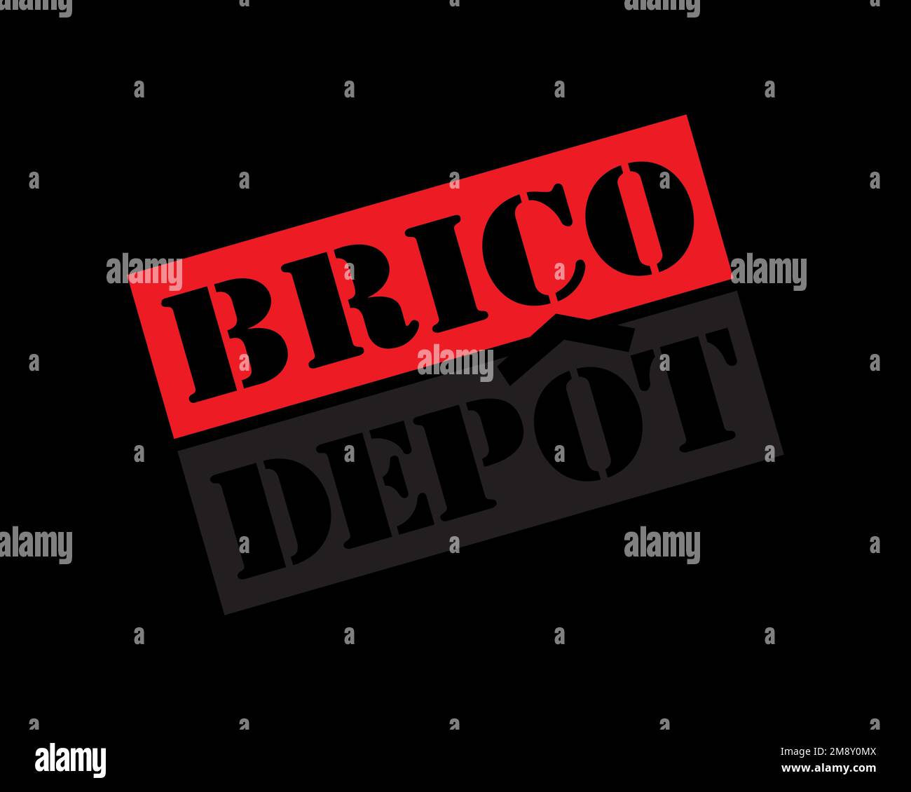 Brico Depot, gedrehtes Logo, schwarzer Hintergrund Stockfoto