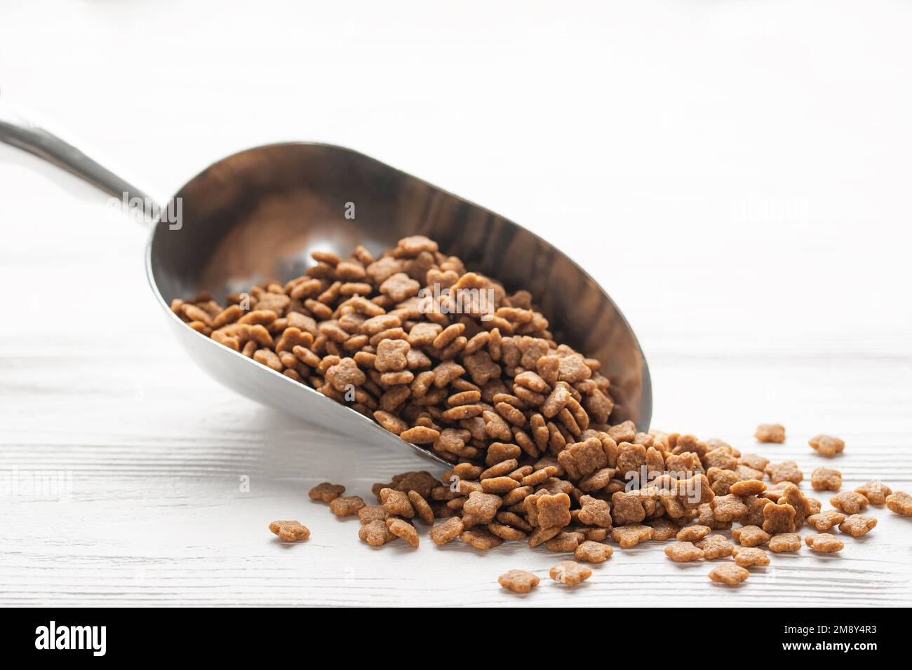 Trockenes Heimtierfutter. Trockenes Kibble-Food in einer Schaufel auf weißem Holzhintergrund Stockfoto