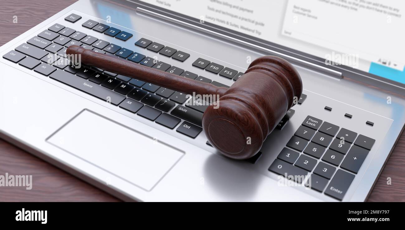 Online-Auktion, Cyber-Legislativkonzept. Hölzerner Hammer auf Laptop-Tastaturhintergrund. Brauner Gesetzeshammer auf pc-Tastatur. Über der Ansicht. 3D rende Stockfoto