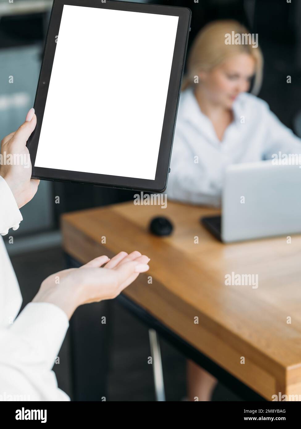 Virtuelles Berichtsbüro Frau Computermodell Stockfoto