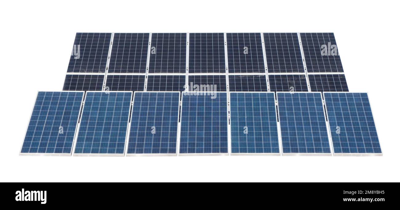 Blau Solar Panel isoliert auf weißem Hintergrund. Solar Panels Muster für nachhaltige Energie. Erneuerbare Solarenergie. Alternative Energie. Stockfoto