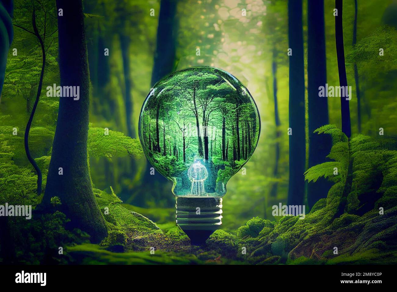 Elektrische Glühbirne im Waldbaumkonzept. Alternative energiesparende Technologien Sorgfalt gegenüber der Umwelt Stockfoto