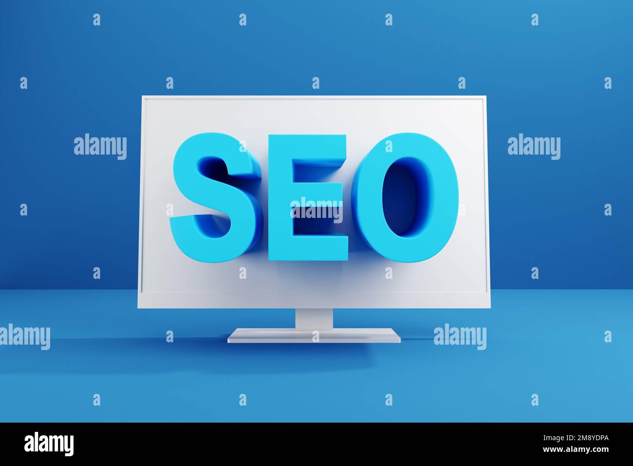 Konzept der Suchmaschinenoptimierung. Das Wort SEO, das auf dem pc-Bildschirm erscheint. 3D-Rendering. Stockfoto