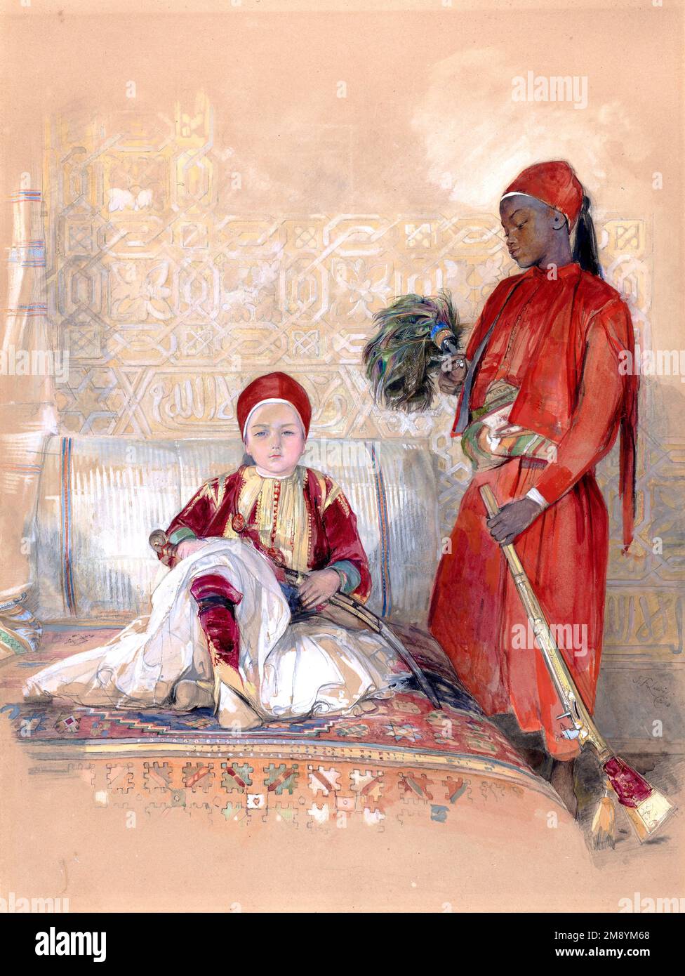 Iskander Bey und sein Diener ( Iskandar Bey oder Mohamed el Mahdy)) ca. 1848 von John Frederick Lewis - dieser sternäugige Junge in albanischer Militäruniform war der Sohn von Sulayman Pasha al-Faransawi (1788-1860) Stockfoto