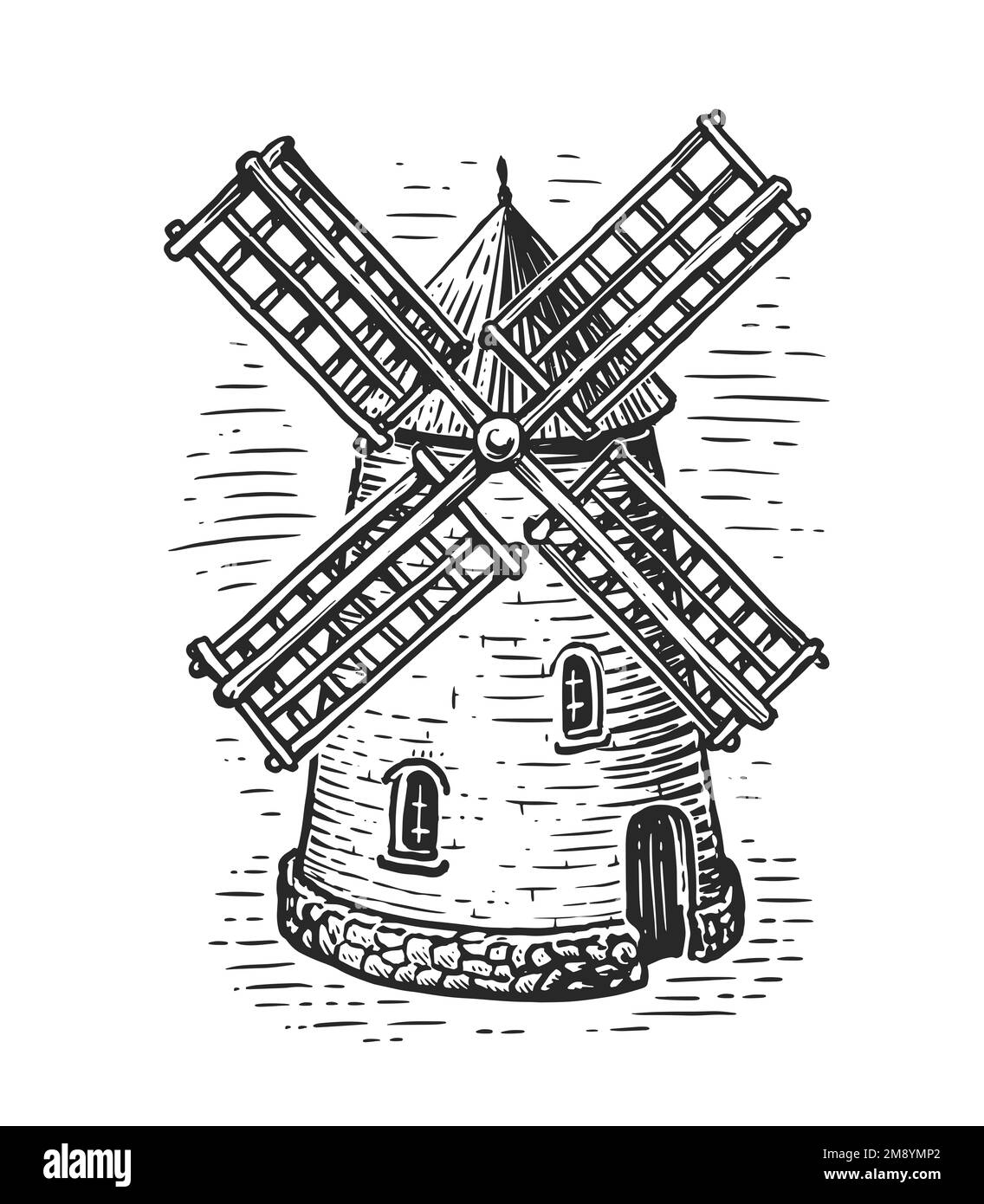 Alte Windmühle im klassischen Gravurstil. Handgezogene Mühle isoliert auf weißem Hintergrund. Skizzenabbildung Stockfoto