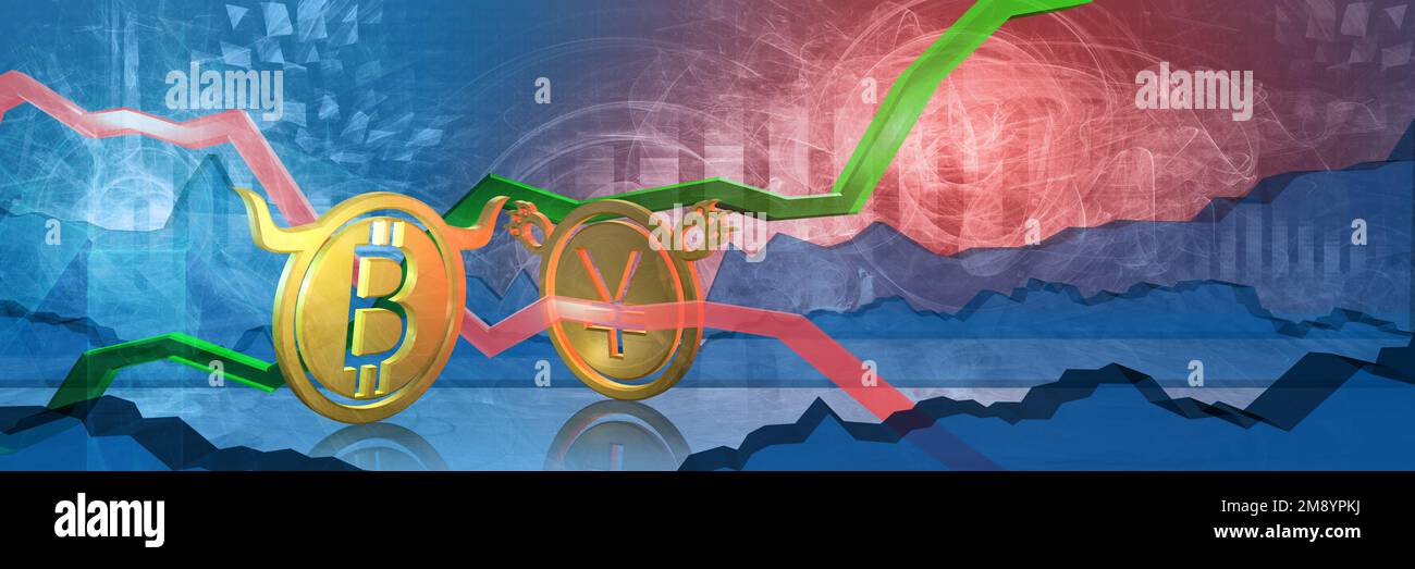 Bullish btc gestoppt von Bearish jpy oder cny. Devisenmarkt 3D Darstellung von Bitcoin zu japanischem Yen oder chinesischem Yuan. Währung dargestellt als Stockfoto