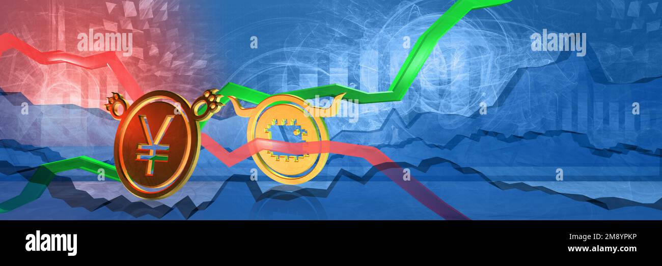 Anstieg der Halbleiterpreise in Yen oder Yuan. Teure Kosten für Unterhaltungselektronik in japan oder china. 3D Abbildung einer Bullish-Microchip-Markierung Stockfoto