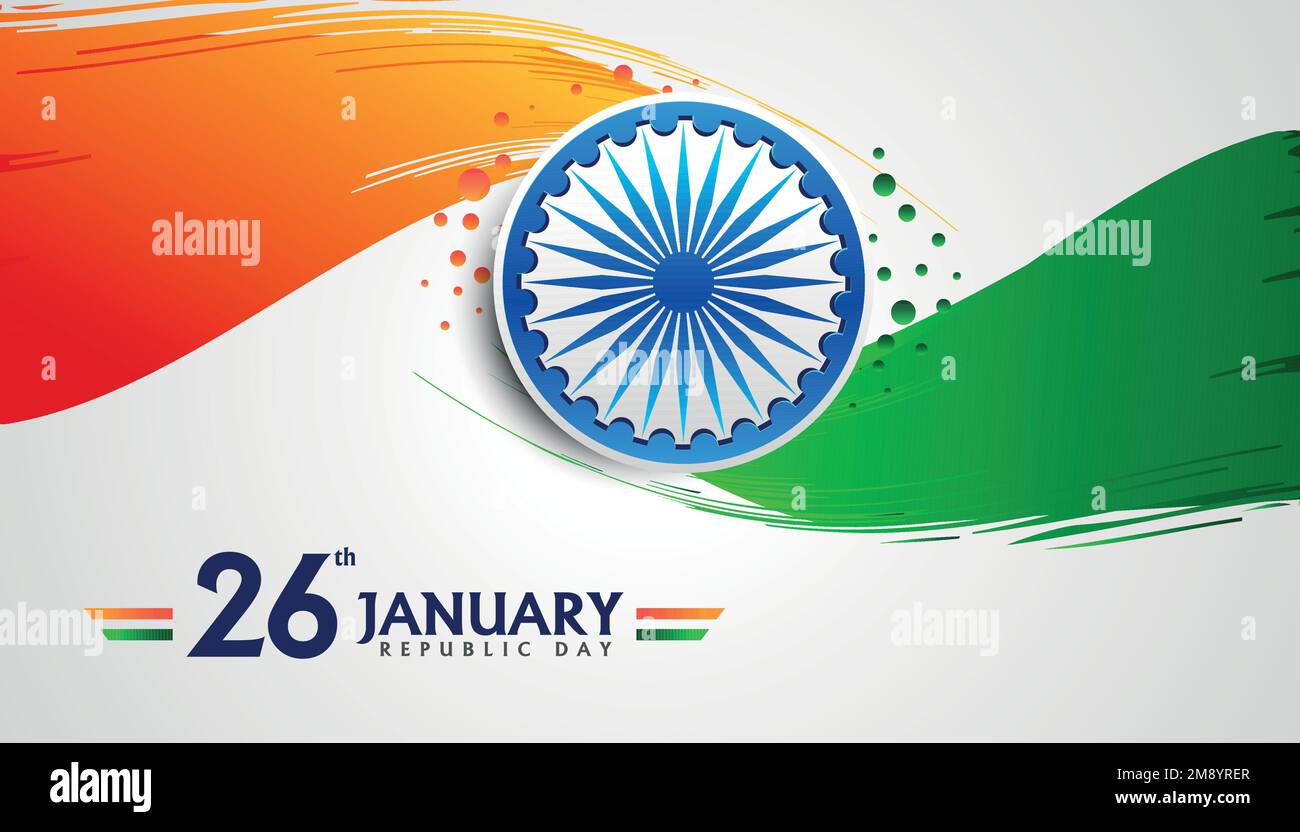 26. Januar - Feier zum Tag der Republik Indien, Vektorhintergrund mit indischer Nationalflagge und Ashoka-Radsymbol. Stock Vektor