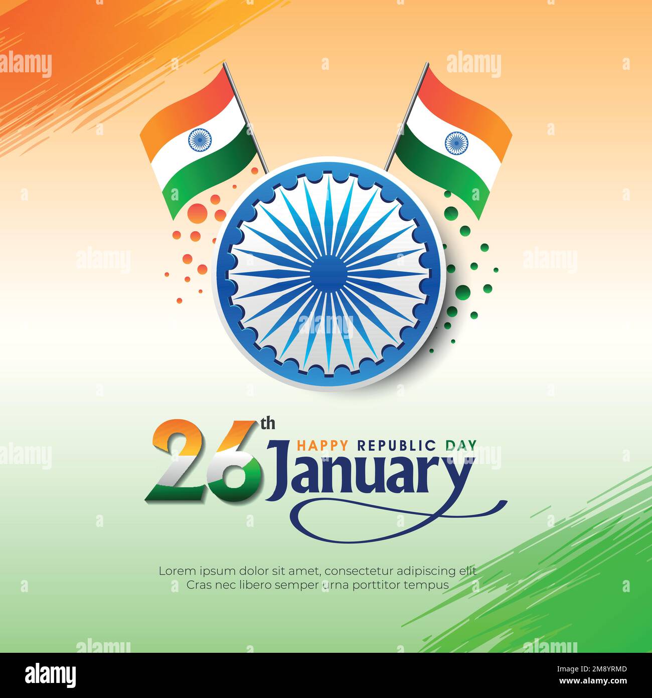 26. Januar - Feier zum Tag der Republik Indien, Vektorhintergrund mit indischer Nationalflagge und Ashoka-Radsymbol. Stock Vektor