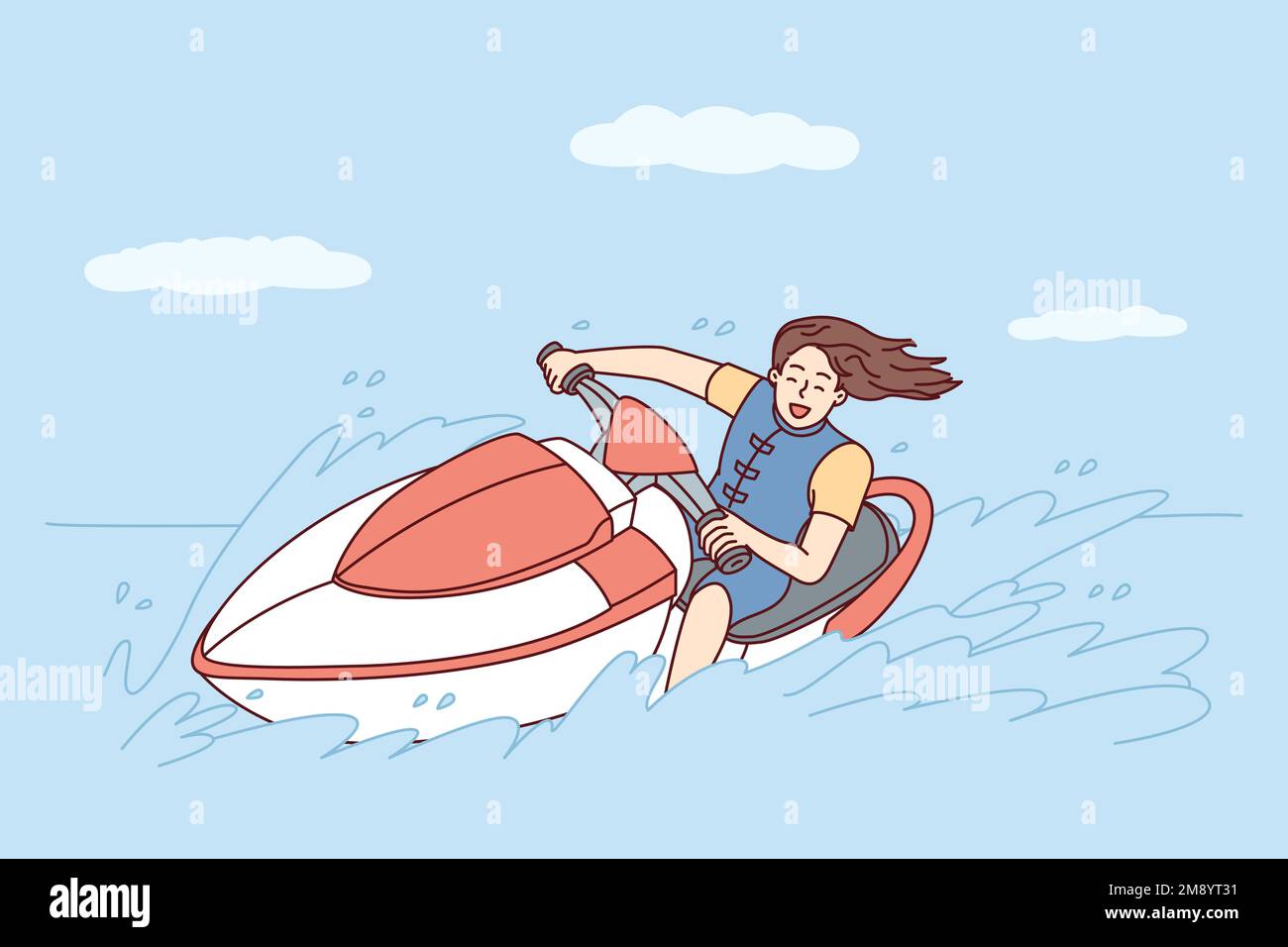 Glückliche Frau mit fließendem Haar fährt während der Sommerreise zu heißen Inseln Jetski auf dem Meer. Ein junges Mädchen geht zu extremen Sportrennen auf Wasserfahrrädern und lässt Spritzer zurück. Abbildung eines flachen Vektors Stock Vektor