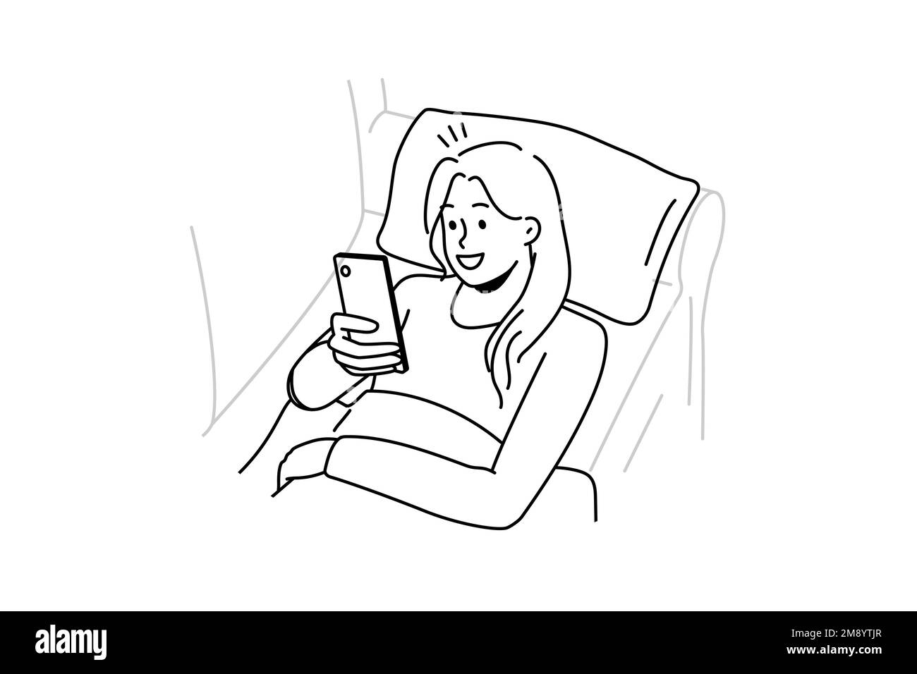 Glückliches Mädchen, das auf der Couch liegt, indem es SMS oder Nachrichten über das Mobiltelefon verwendet. Lächelnde junge Frau entspannen sich auf dem Sofa zu Hause im Internet auf dem Smartphone surfen. Vektorgrafik. Stock Vektor