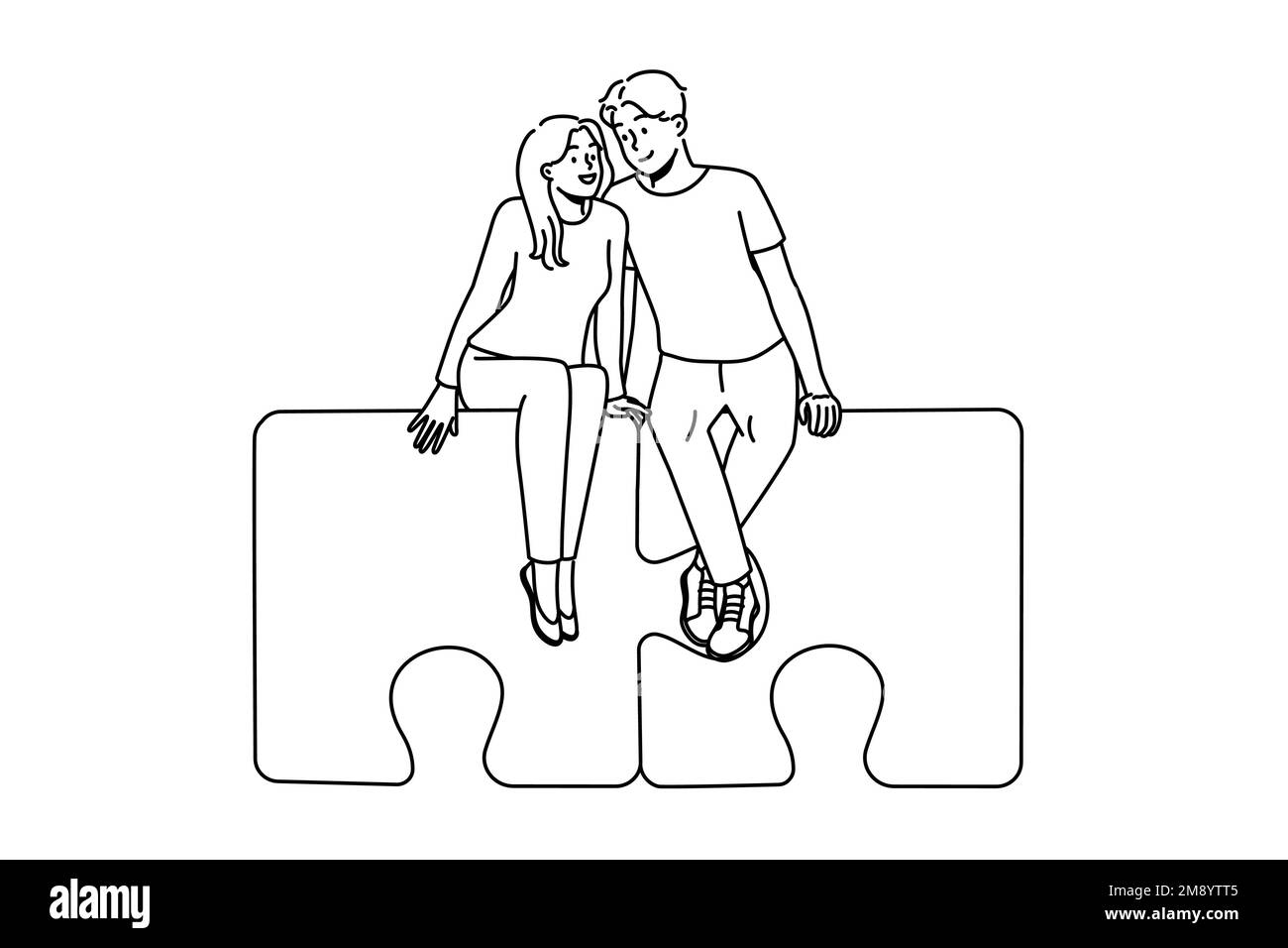 Glückliches Paar sitzt auf Puzzles umarmt. Lächelnder Mann und Frau umarmen sich und finden zusammen Liebe. Beziehung und Zuneigung. Vektorgrafik. Stock Vektor