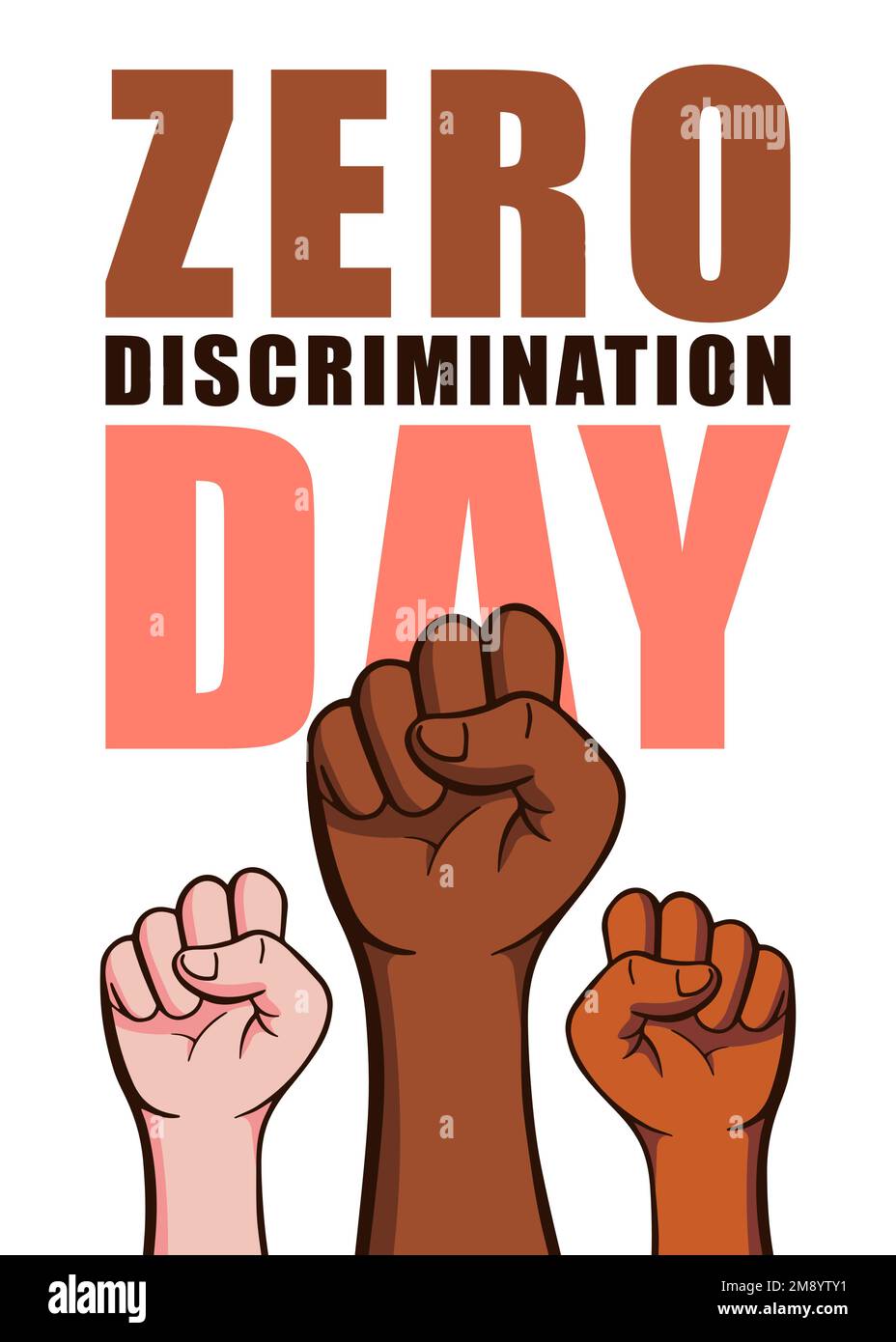 Zero Discrimination Day 1. März. Handfäuste verschiedener Personengruppen in verschiedenen Farben Vektordarstellung isoliert auf weißem Hintergrund. Stock Vektor