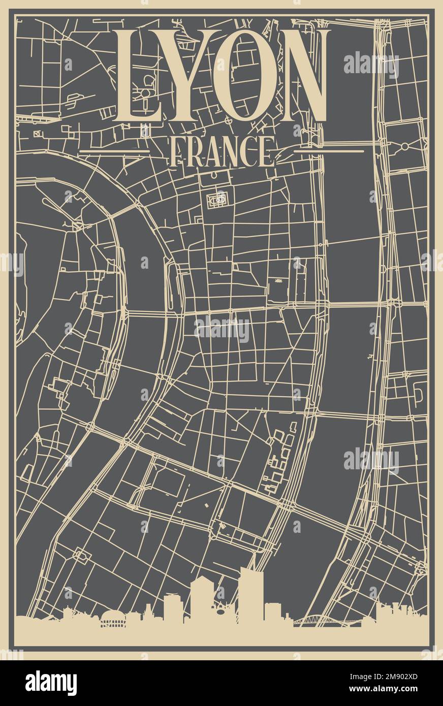Poster des Straßennetzes im Zentrum VON LYON, FRANKREICH Stock Vektor