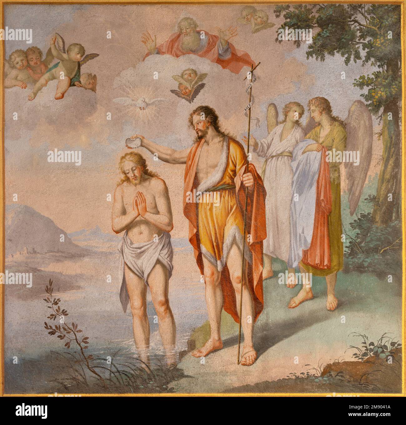 ALAGNA, ITALIEN - 16. JULI 2022: Das Fresko der Jesu-Taufe in der Kirche San Giovanni Battista von Giuseppe Antonio Avondo (1810). Stockfoto