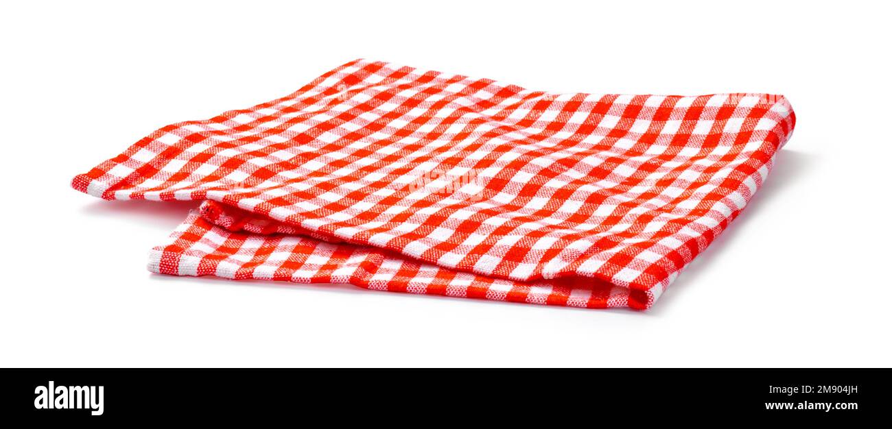Tischdecken Küche isoliert. Rote Serviette auf weißem Hintergrund. Stockfoto