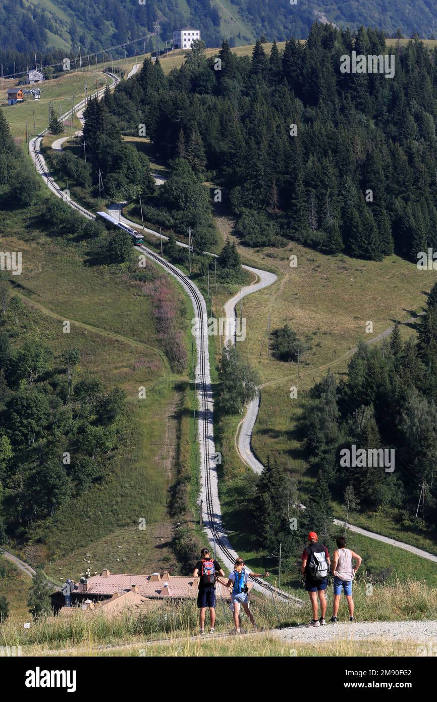 Straßenbahn du Mont-Blanc. TMB. Haute-Savoie. Auvergne-Rhône-Alpes. Frankreich. Europa. / Mont Blanc Tramway. TMB. Haute-Savoie. Auvergne-Rhône-Alpes. Frankreich. Stockfoto