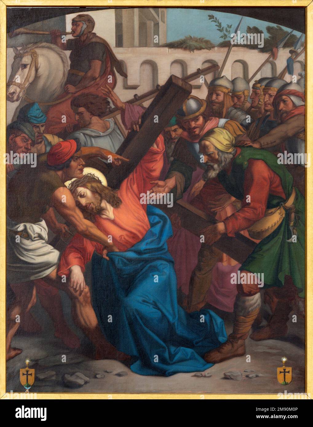 Luzern - das Gemälde Simon von Cyrene hilft Jesus das Kreuz zu tragen als Teil der Kreuzbahnstationen in der Kirche Franziskaner kirche. Stockfoto