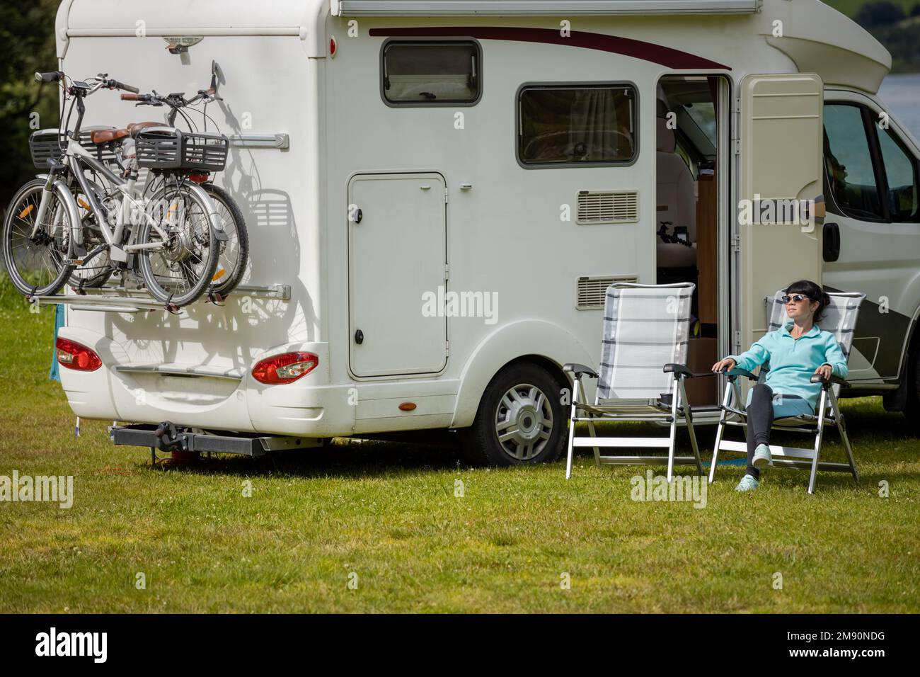 Familienurlaub reisen RV, Urlaub im Reisemobil, Caravan Auto Urlaub. Stockfoto