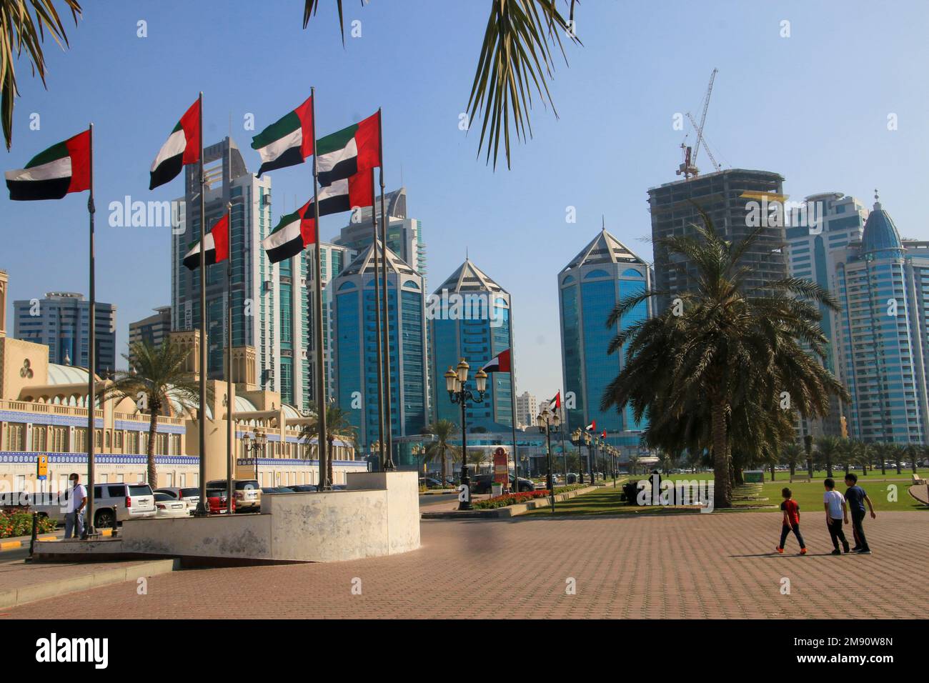 Sharjah, Dubai, VAE Sharjah ist nach Dubai und Abu Dhabi die dritthäufigste bevölkerungsreiche Stadt in den Vereinigten Arabischen Emiraten und gehört zum Dubai-Sharjah- Stockfoto