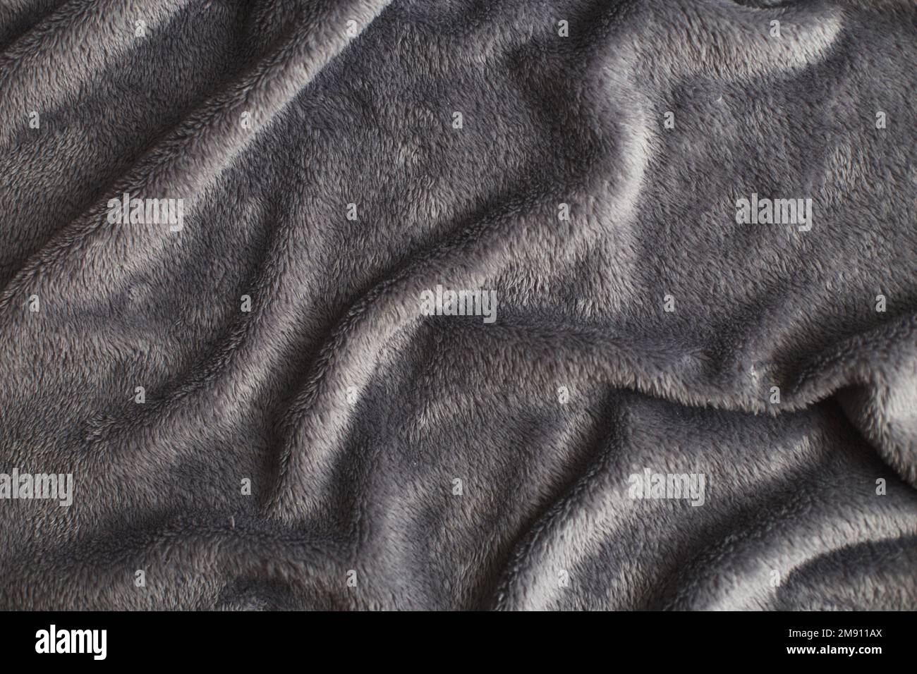 Graue, zerknitterte Plüschgewebe-Hintergrundstruktur, weiches Materialmuster. Stockfoto