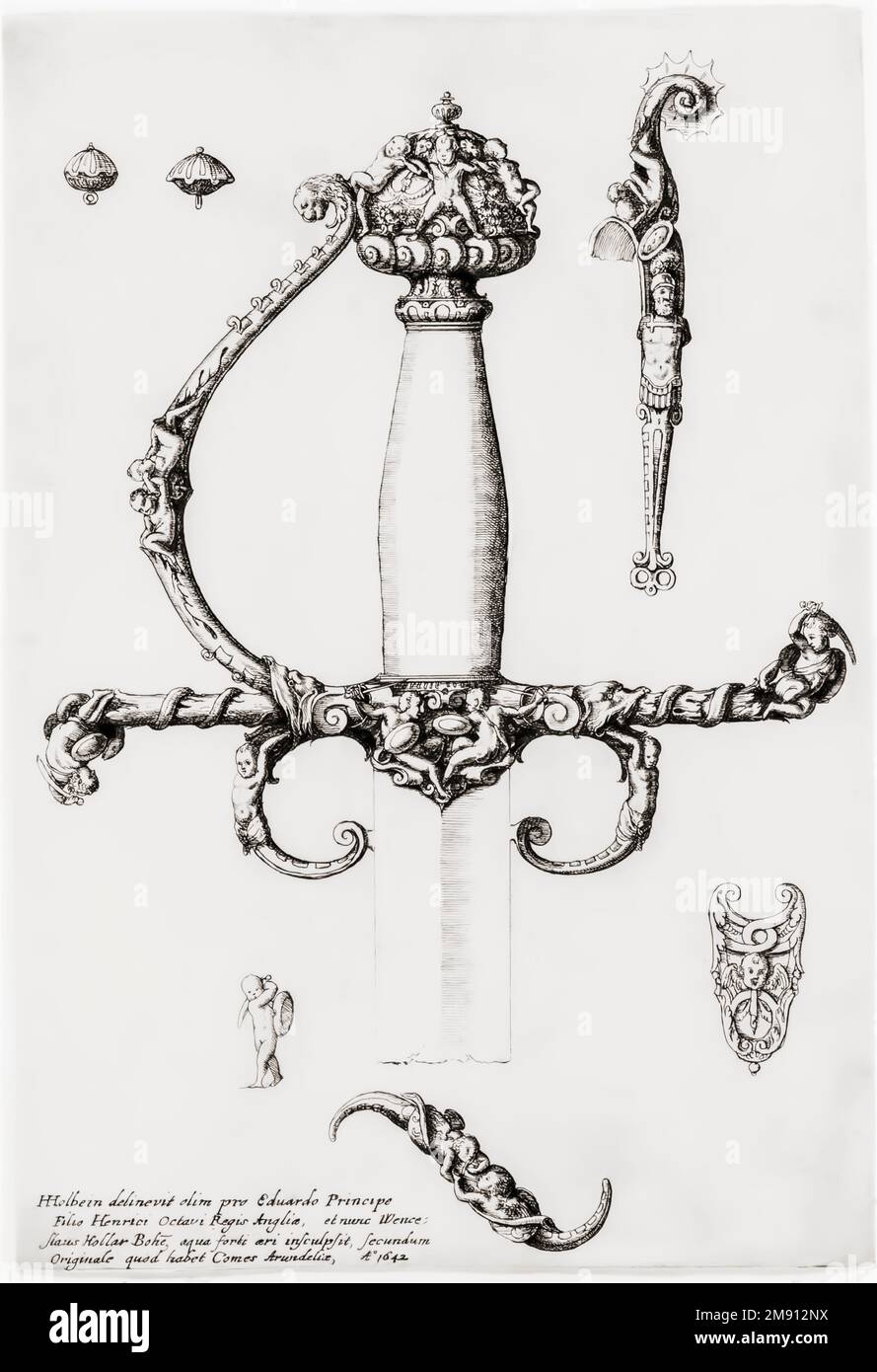 Zierdesign für einen Schwertgriff. Nach einem Aufdruck aus dem 17. Jahrhundert von Wenceslaus Hollar aus einer Zeichnung von Hans Holbein dem Jüngeren. Stockfoto