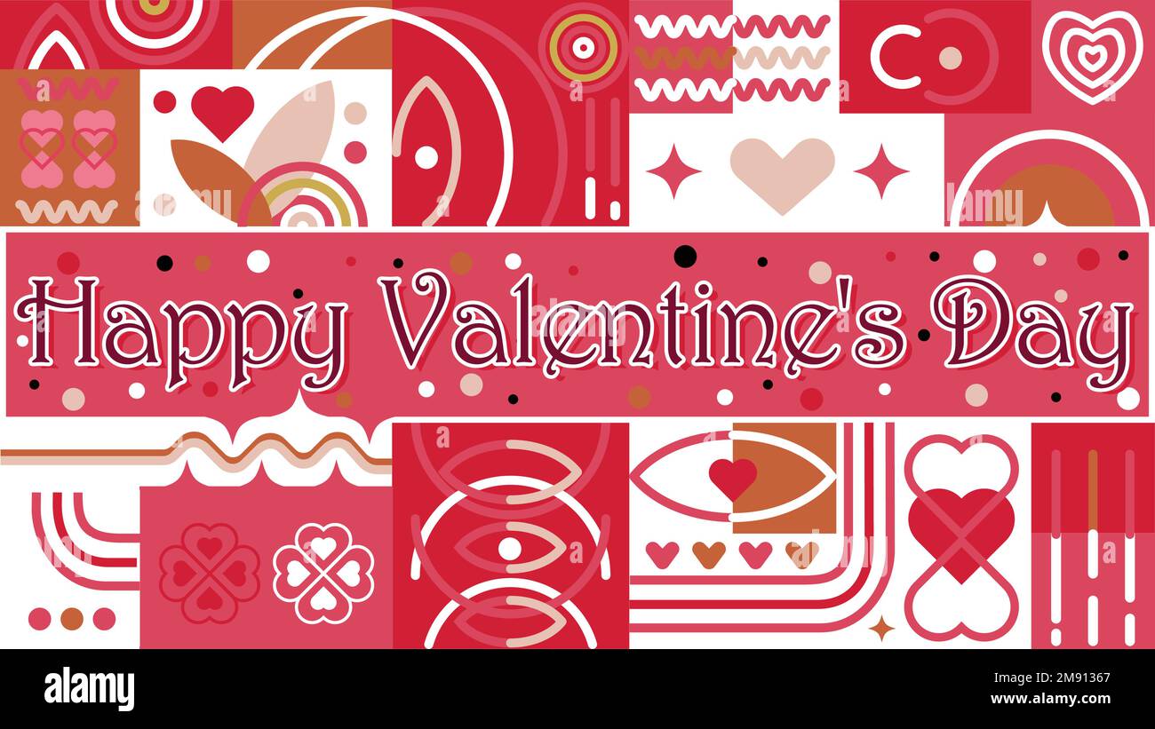 Horizontales Bannerdesign zum Valentinstag am 14. Februar. Alles gute zum Valentinstag 2023 mit geometrischen Formen. Stock Vektor