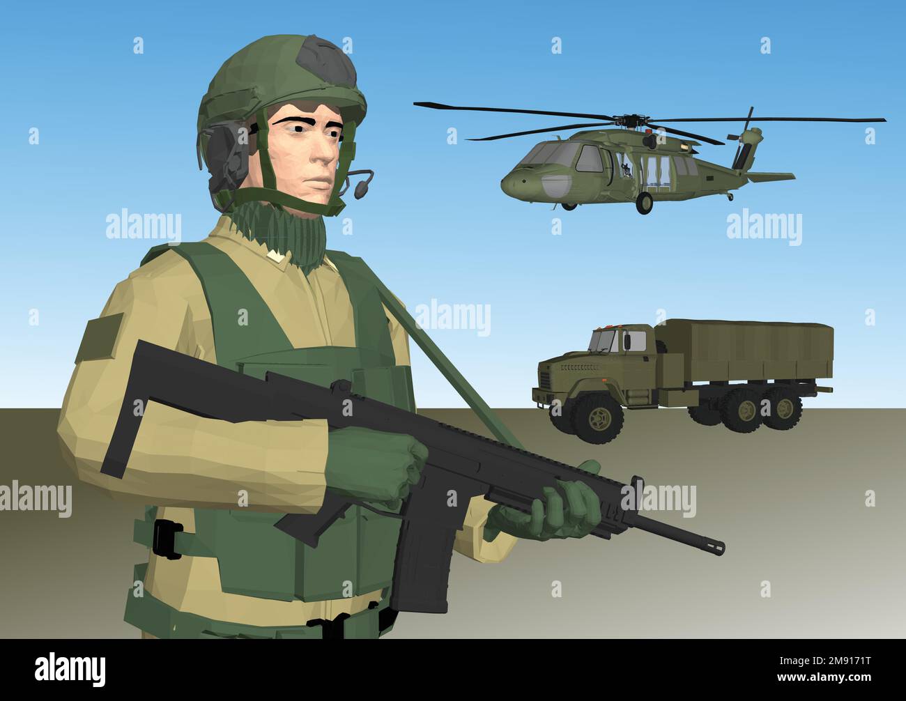 Militärfahrzeuge, Waffen und Soldat in Armeeuniform Set Vector Illustration Stock Vektor