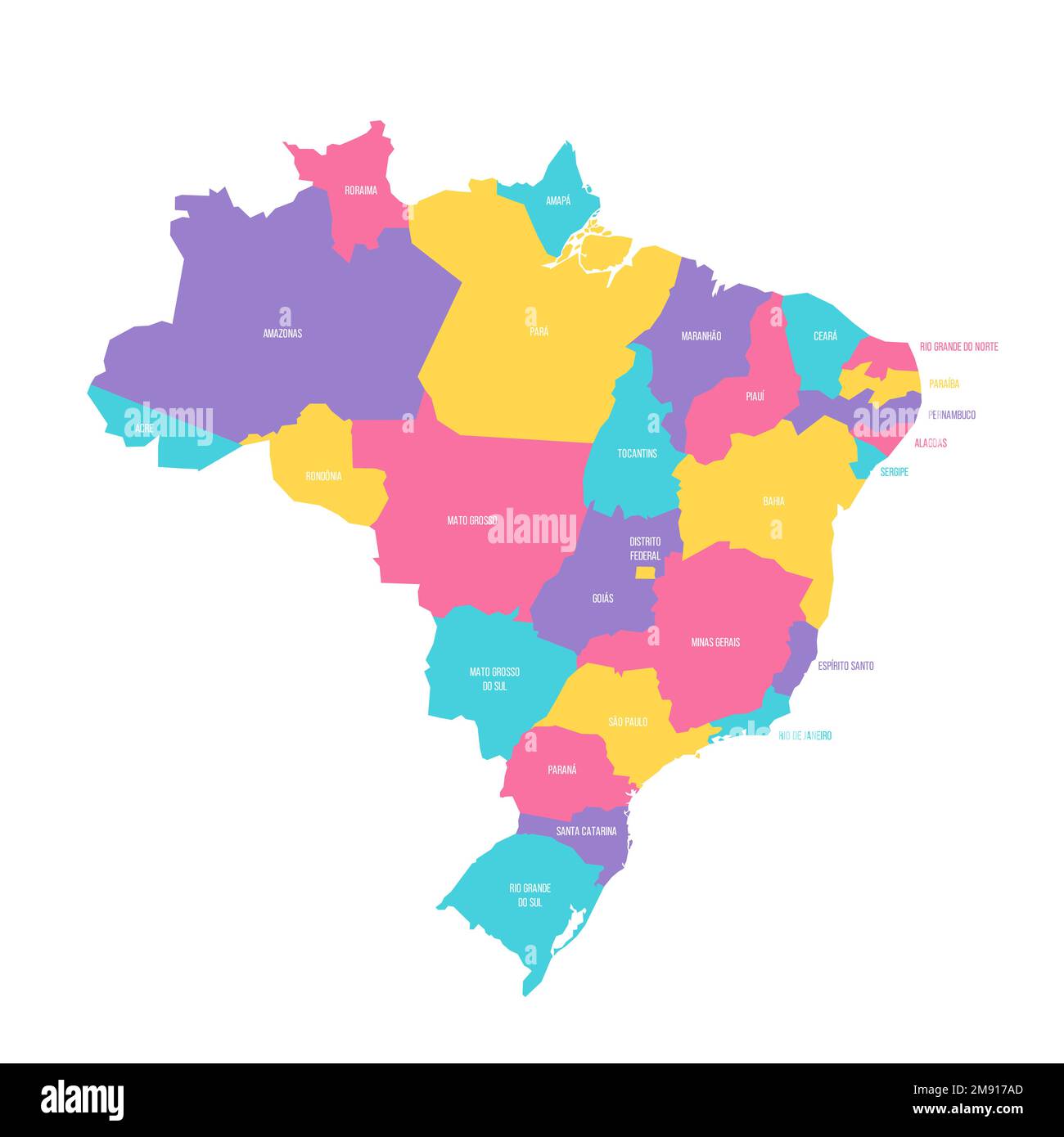 Politische Karte Brasiliens der Verwaltungsabteilungen - Föderative Einheiten Brasiliens. Farbenfrohe Vektorkarte mit Beschriftungen. Stock Vektor