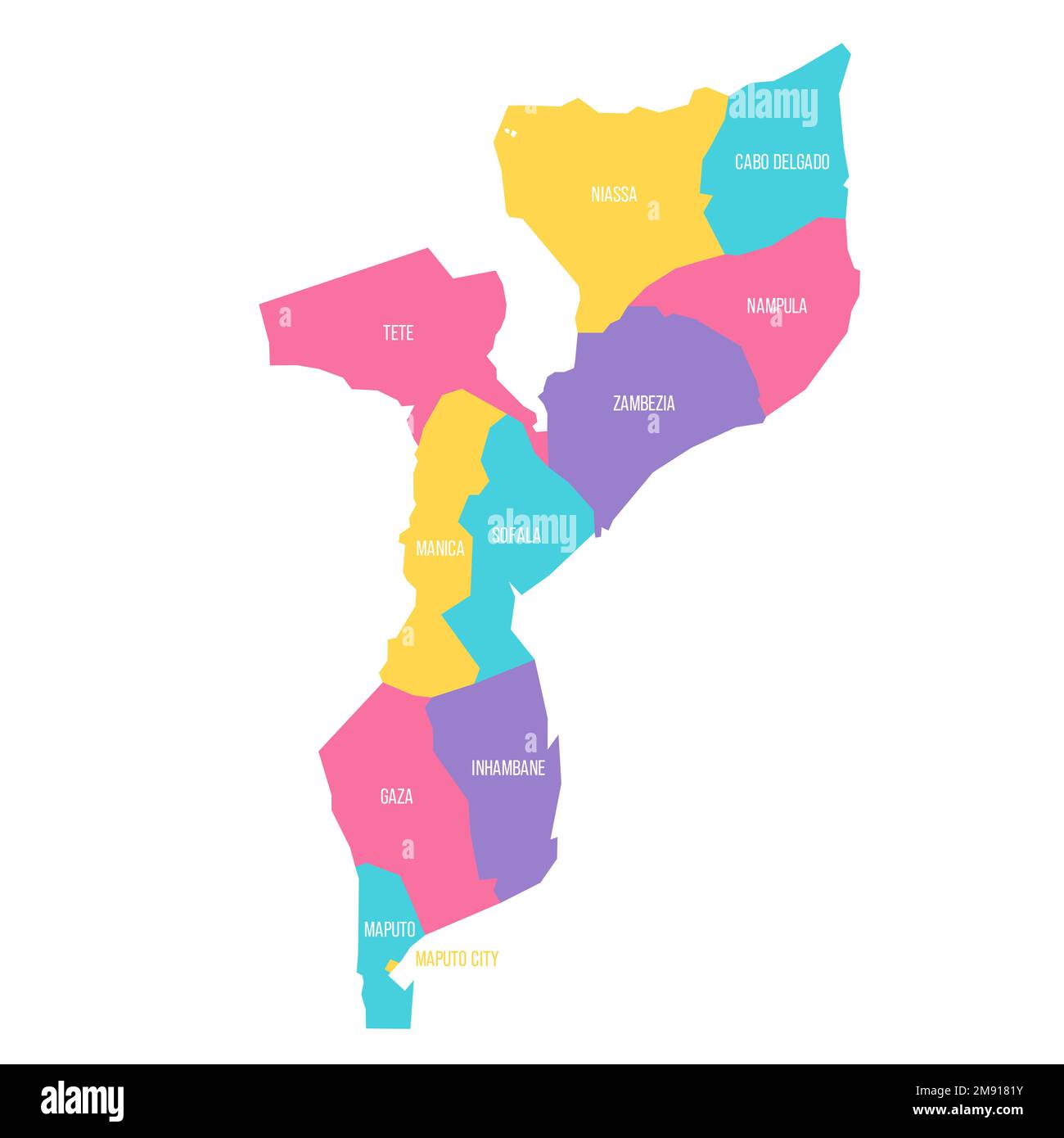 Mosambik politische Karte der Verwaltungseinheiten - Provinzen und Hauptstadt Maputo. Farbenfrohe Vektorkarte mit Beschriftungen. Stock Vektor