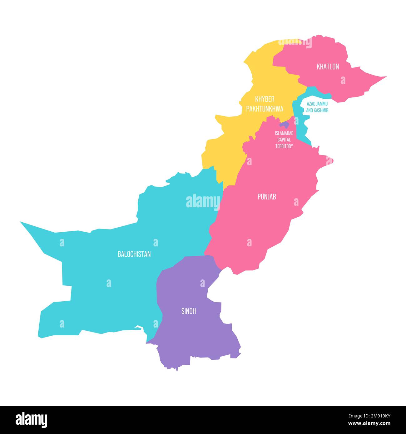 Politische Karte der Verwaltungseinheiten - Provinzen und autonome Gebiete in Pakistan. Farbenfrohe Vektorkarte mit Beschriftungen. Stock Vektor