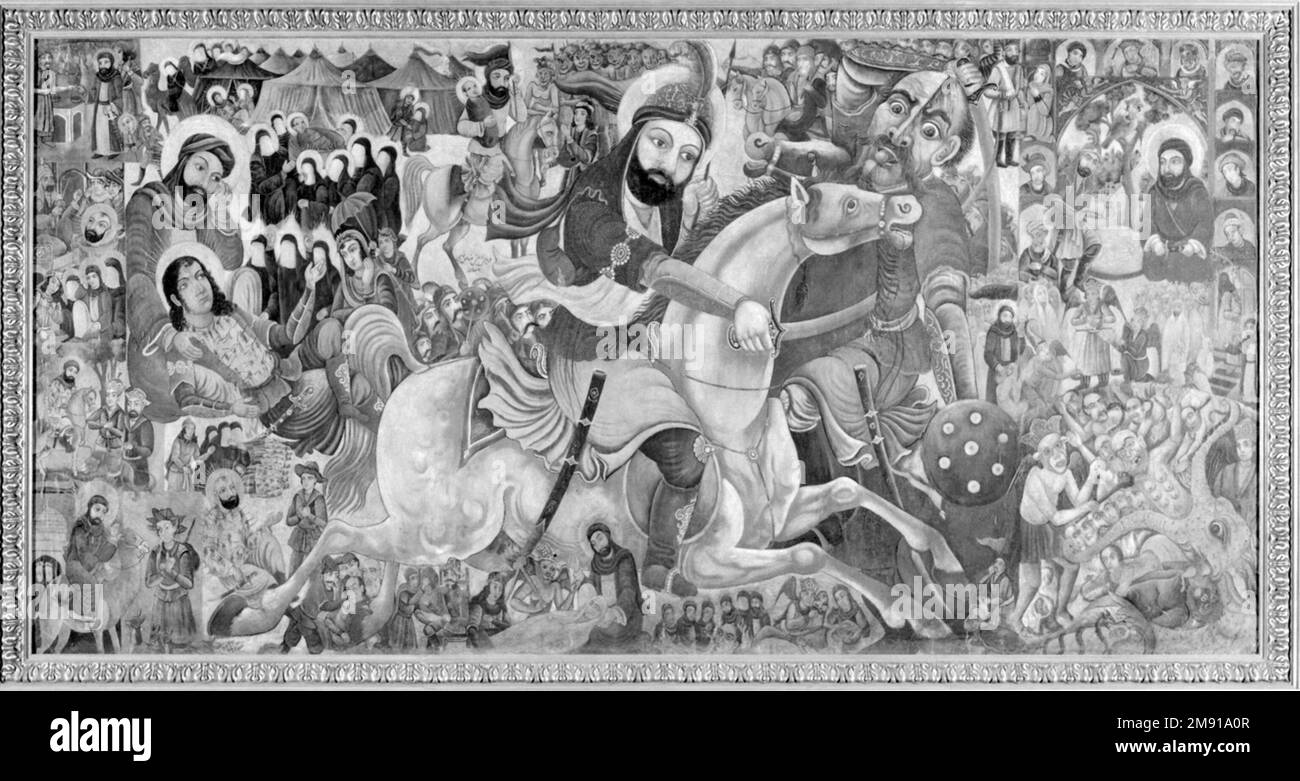Schlacht von Karbala Abbas Al-Musavi. Schlacht von Karbala, Ende des 19.-frühen 20. Jahrhunderts. Öl auf Segeltuch, 69 1/16 x 134 1/2 x 2 1/4 Zoll (175,4 x 341,6 x 5,7 cm). Dieses Gemälde erinnert an das Märtyrertum von Imam Husayn, dem Enkel des Propheten Muhammad und dem dritten Imam oder Führer der Shica-Muslime. Husayn wurde im Jahr 680 c.e. von den Truppen des Umayyad-Kalifs Yazid I (r. 680–683) in der Wüste von Karbala im Zentraliraker getötet Diese Schlacht unterstreicht die Kluft zwischen den sunnitischen und den Shica-Zweigen des Islam; Husayn leitete einen Widerstand gegen das, was die Shica-Muslime für die Umayyad-Illektik hielten Stockfoto