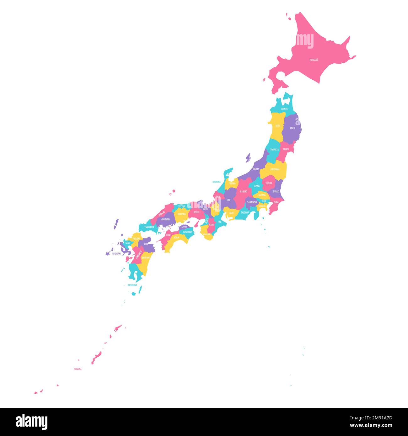 Politische Karte der Verwaltungseinheiten Japans - Präfekturen, Metropilis Tokio, Territorium Hokaido und städtische Präfekturen Kyoto und Osaka. Farbenfrohe Vektorkarte mit Beschriftungen. Stock Vektor