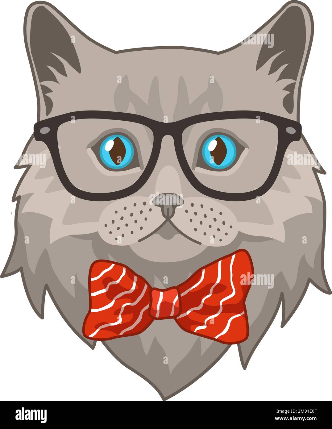 Katze in Brille mit Schmetterlingsschlinge. Niedlicher Tierkopf, lustiger Hipster-Avatar, trendige Figur, Websymbol, moderner Aufdruck, Dekoratives Element, Vektor Stock Vektor