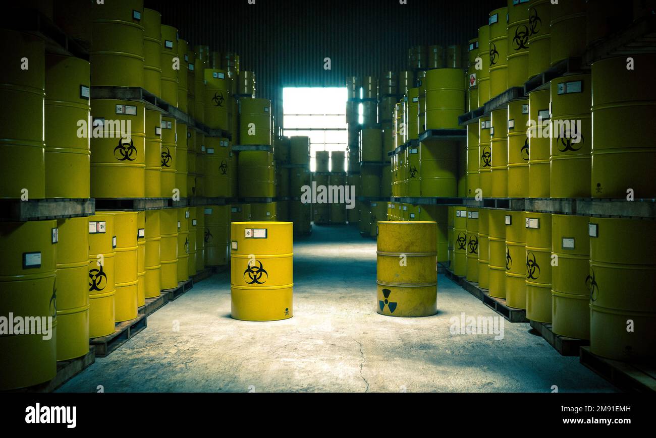 Depot mit Lagerung gelber Fässer mit radioaktivem und schädlichem Abfall. 3D-Rendern Stockfoto