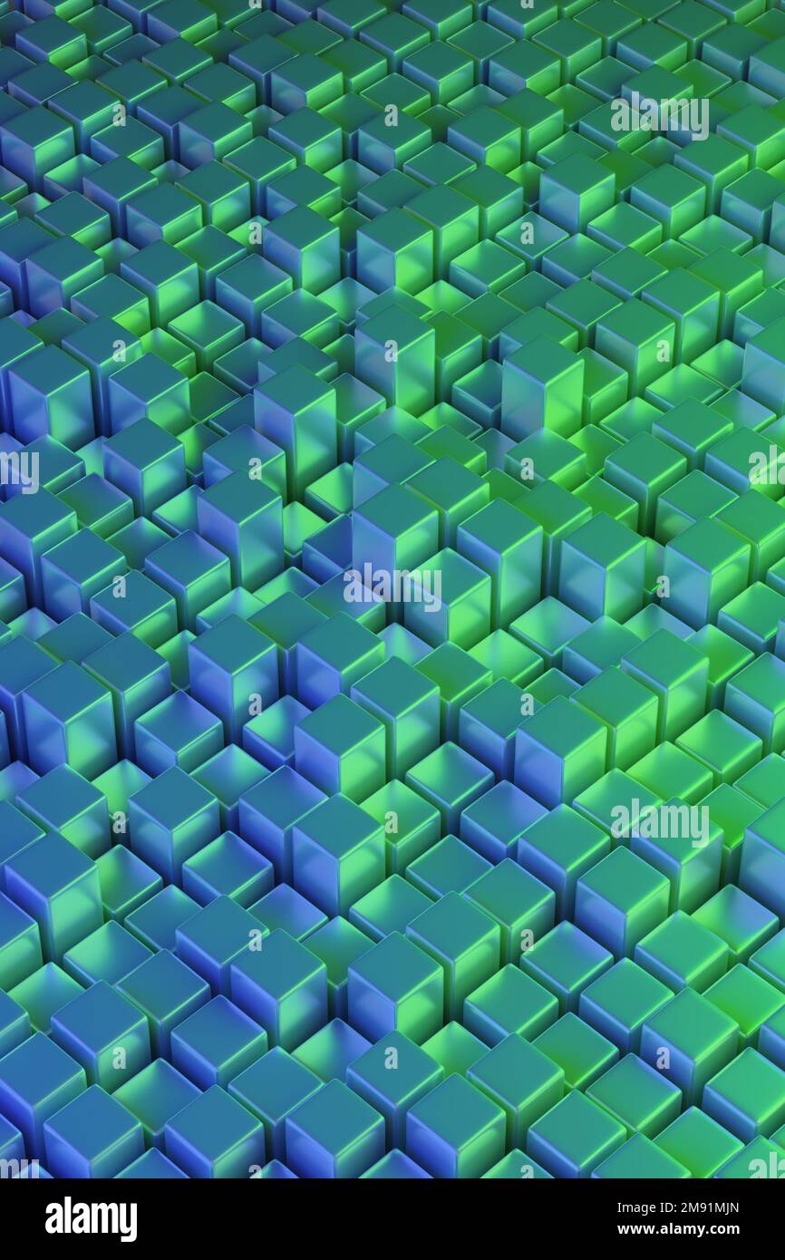 Blaue und grüne viereckige Prismen. Isometrischer abstrakter Hintergrund. 3D Abbildung. Stockfoto