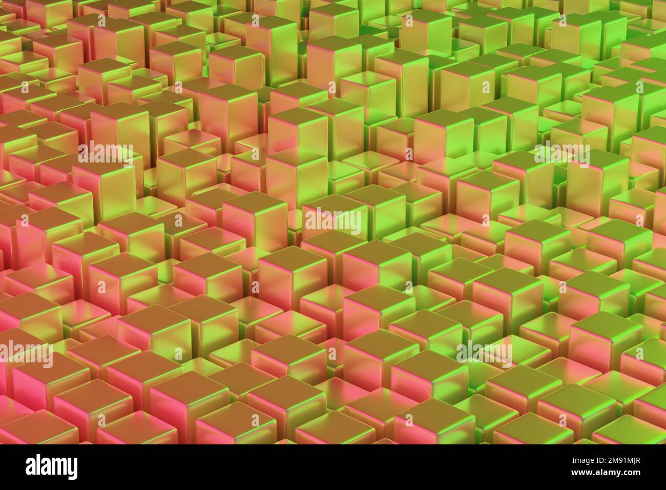 Grüne und rote viereckige Prismen. Geometrischer Hintergrund. 3D Abbildung. Stockfoto