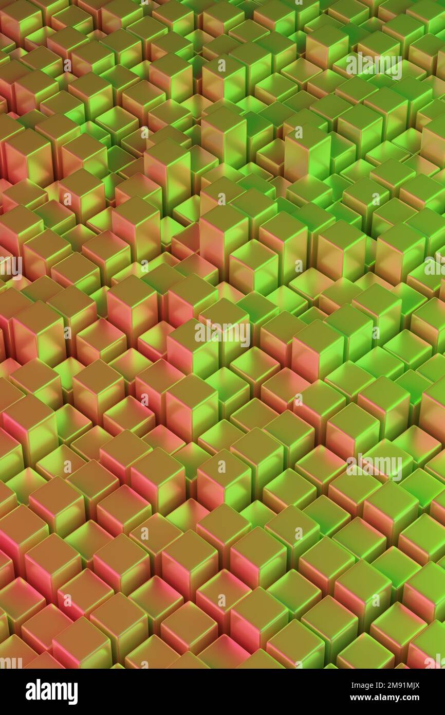 Rote und grüne viereckige Prismen. Isometrischer geometrischer Hintergrund. 3D Abbildung. Stockfoto