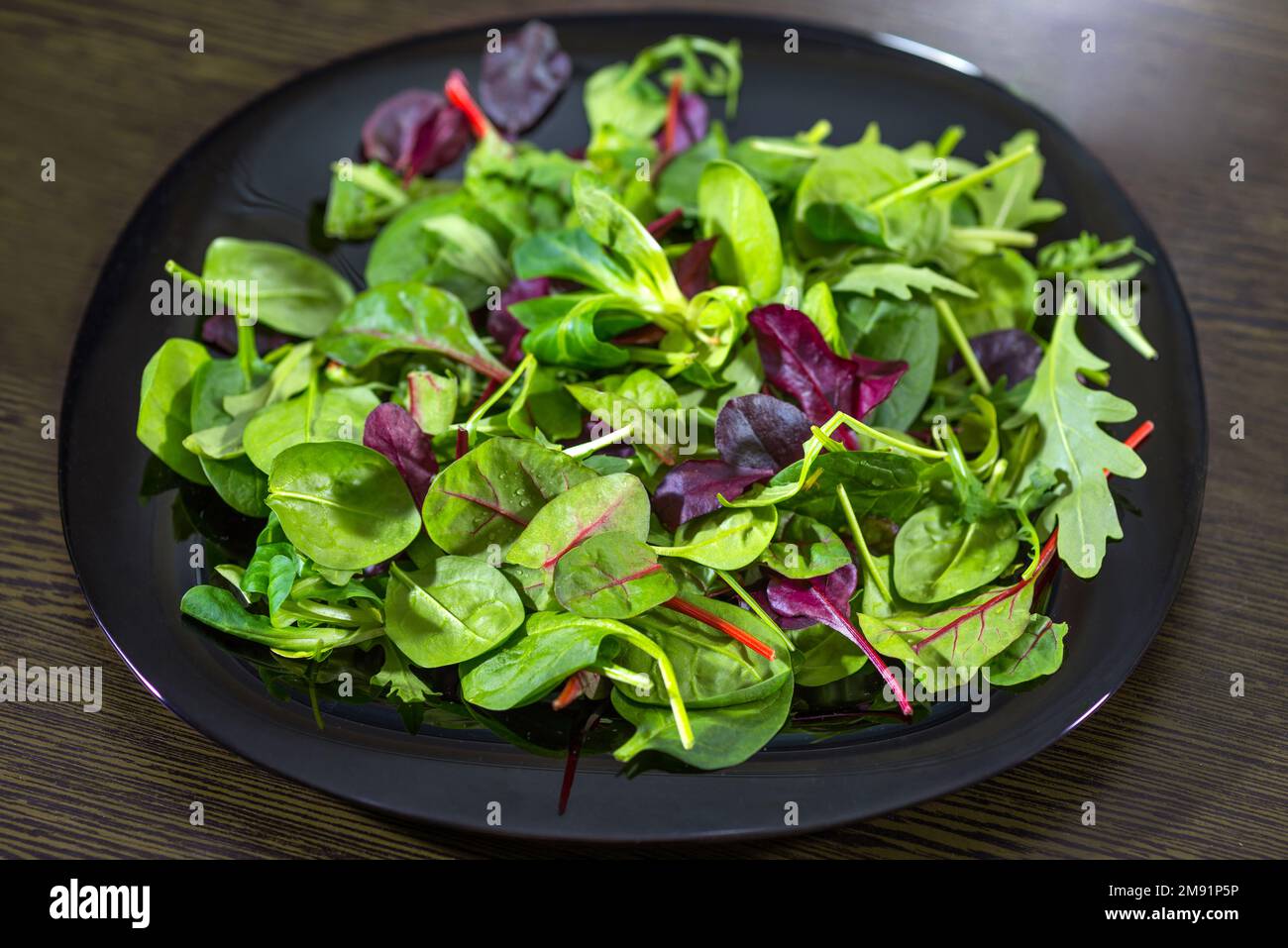 Ein frischer Salat aus Rucola, Romana und Spinat Stockfoto