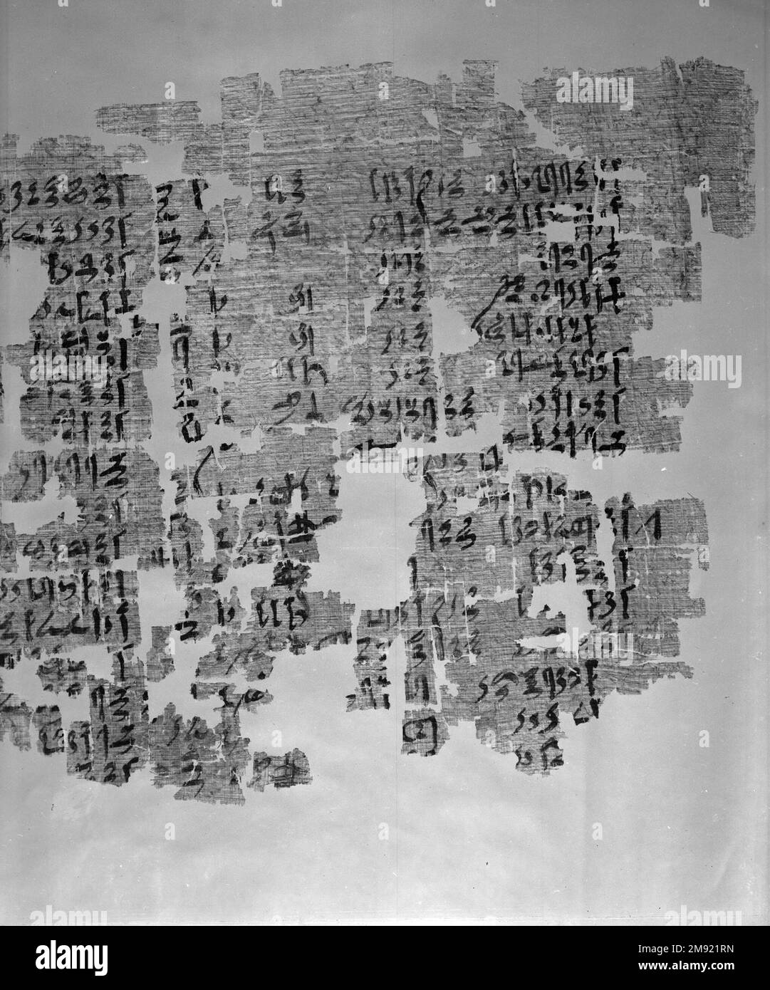 Teil eines historischen Textes Teil eines historischen Textes, ca. 1809-1743 B.C.E. Papyrus, Tinte, 35,1446a-e: 11 1/2 x 71 5/8 Zoll (29,2 x 182 cm). Nach der Fertigstellung war das Papyrus, zu dem dieses Fragment gehörte, fast 1,80 m lang. Die Texte sind in einer kursiven Form von Hieroglyphen geschrieben, die Hieratisch genannt werden. Unterschiede in der Handschrift und in den beschriebenen historischen Ereignissen zeigen, dass verschiedene Schriftzeichen über mehrere Generationen hinweg neue Inschriften hinzugefügt haben. Der wichtigste Text beschreibt die Bemühungen einer dreizehnten Dynastie Theban-Adelsfrau namens Senebtisi, die rechtmäßige Eigentümerschaft von neunzig... Stockfoto