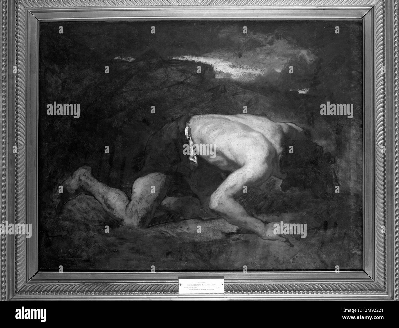 Der Flüchtling, Studie für Timon von Athen Thomas Couture (Französisch, 1815-1879). Der Flüchtling, Studie für Timon von Athen, ca. 1857. Öl auf Leinwand, 25 7/8 x 33 3/8 Zoll (65,7 x 84,8 cm). Wenige Monate nach seiner Ankunft in Paris betrat Francisco Oller das Studio des beliebten Malers Thomas Couture, der diese Studie ungefähr zur gleichen Zeit aus dem Leben heraus absolvierte. Couture lehrte die Bedeutung von Zeichnen, Anatomie und klassischen Proportionen, den traditionellen europäischen Kunstschullehrplan, der bis zu italienischen Akademien in der Renaissance zurückreicht. Sein Malstil war eine Kombination aus dem echten und dem Ideal, und h Stockfoto