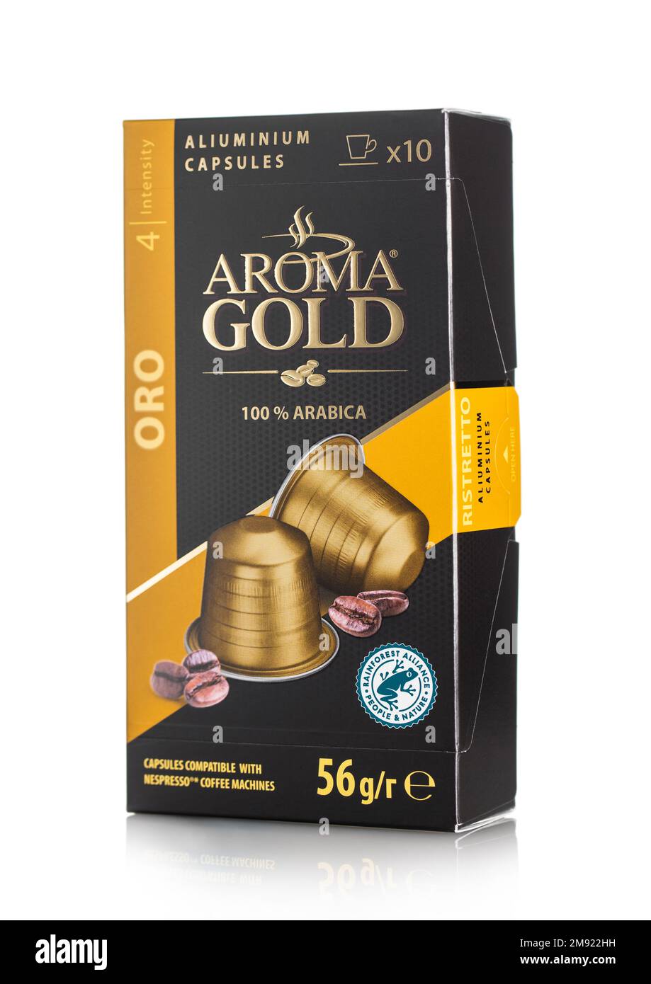 LONDON, Großbritannien - 27. DEZEMBER 2022: Aroma Gold Orio Aluminium-Kaffeekapseln auf weiß. Geeignet für Nespresso-Maschine. Stockfoto