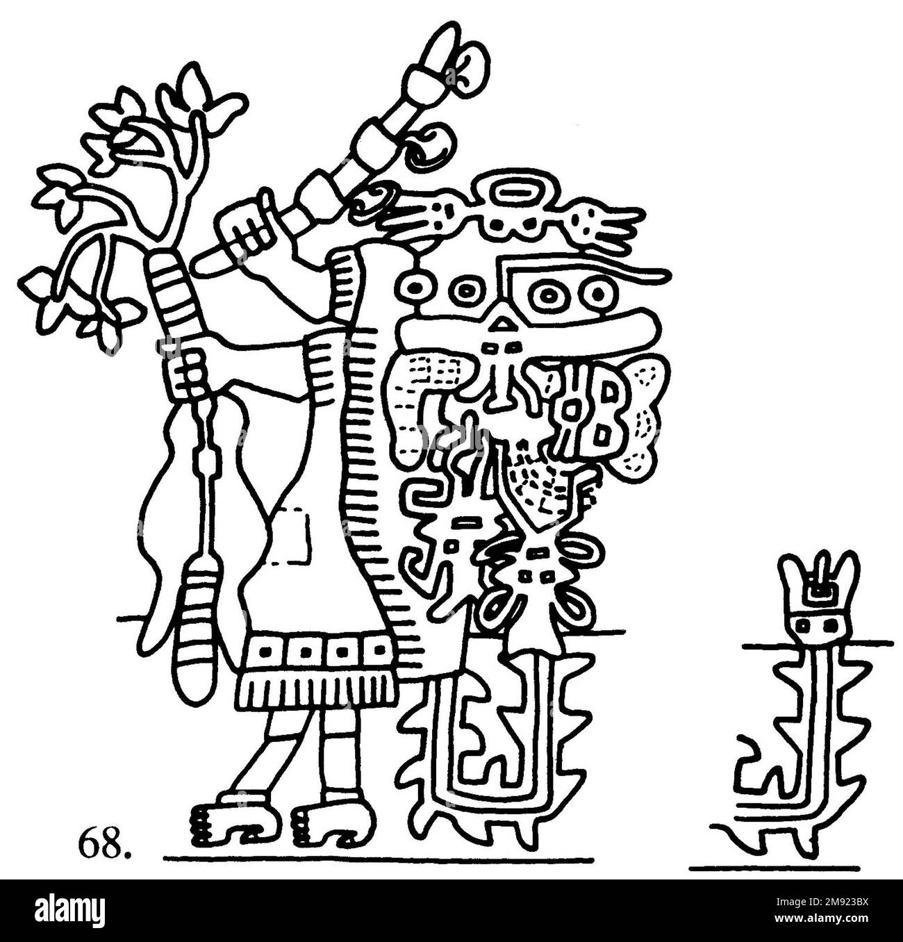 Mantle („The Paracas Textile“) Nasca. Mantle („The Paracas Textile“), 100-300 C.E. Baumwolle, Camelidenfaser, 24 5/8 x 58 11/16 cm (62,5 x 149 cm). Dieser außergewöhnlich komplexe Mantel, oder Mantel, ist eine der bekanntesten Anden-Textilien der Welt. Es wurde höchstwahrscheinlich als zeremonielles Objekt verwendet. Die neunzig durch Nadelstricken geschaffenen Figuren an der Grenze wurden vor zweitausend Jahren als Mikrokosmos des Lebens an der Südküste Perus interpretiert, mit besonderem Schwerpunkt auf der Landwirtschaft. Viele der Bilder veranschaulichen die einheimische Flora und Fauna sowie Kulturpflanzen. Kostümierte Figuren Stockfoto