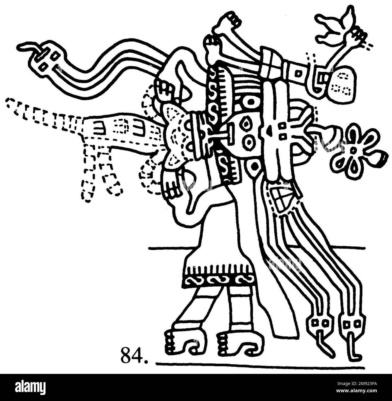 Mantle („The Paracas Textile“) Nasca. Mantle („The Paracas Textile“), 100-300 C.E. Baumwolle, Camelidenfaser, 24 5/8 x 58 11/16 cm (62,5 x 149 cm). Dieser außergewöhnlich komplexe Mantel, oder Mantel, ist eine der bekanntesten Anden-Textilien der Welt. Es wurde höchstwahrscheinlich als zeremonielles Objekt verwendet. Die neunzig durch Nadelstricken geschaffenen Figuren an der Grenze wurden vor zweitausend Jahren als Mikrokosmos des Lebens an der Südküste Perus interpretiert, mit besonderem Schwerpunkt auf der Landwirtschaft. Viele der Bilder veranschaulichen die einheimische Flora und Fauna sowie Kulturpflanzen. Kostümierte Figuren Stockfoto