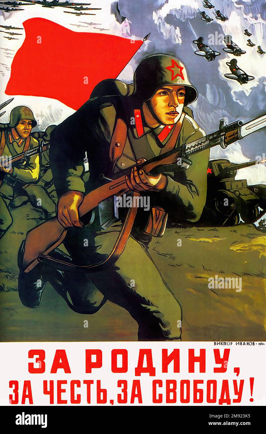 1941- Für Vaterland, Ehre, Freiheit! (Übersetzung aus Russisch) - Vintage-sowjetische Propaganda-Poster der UdSSR Stockfoto