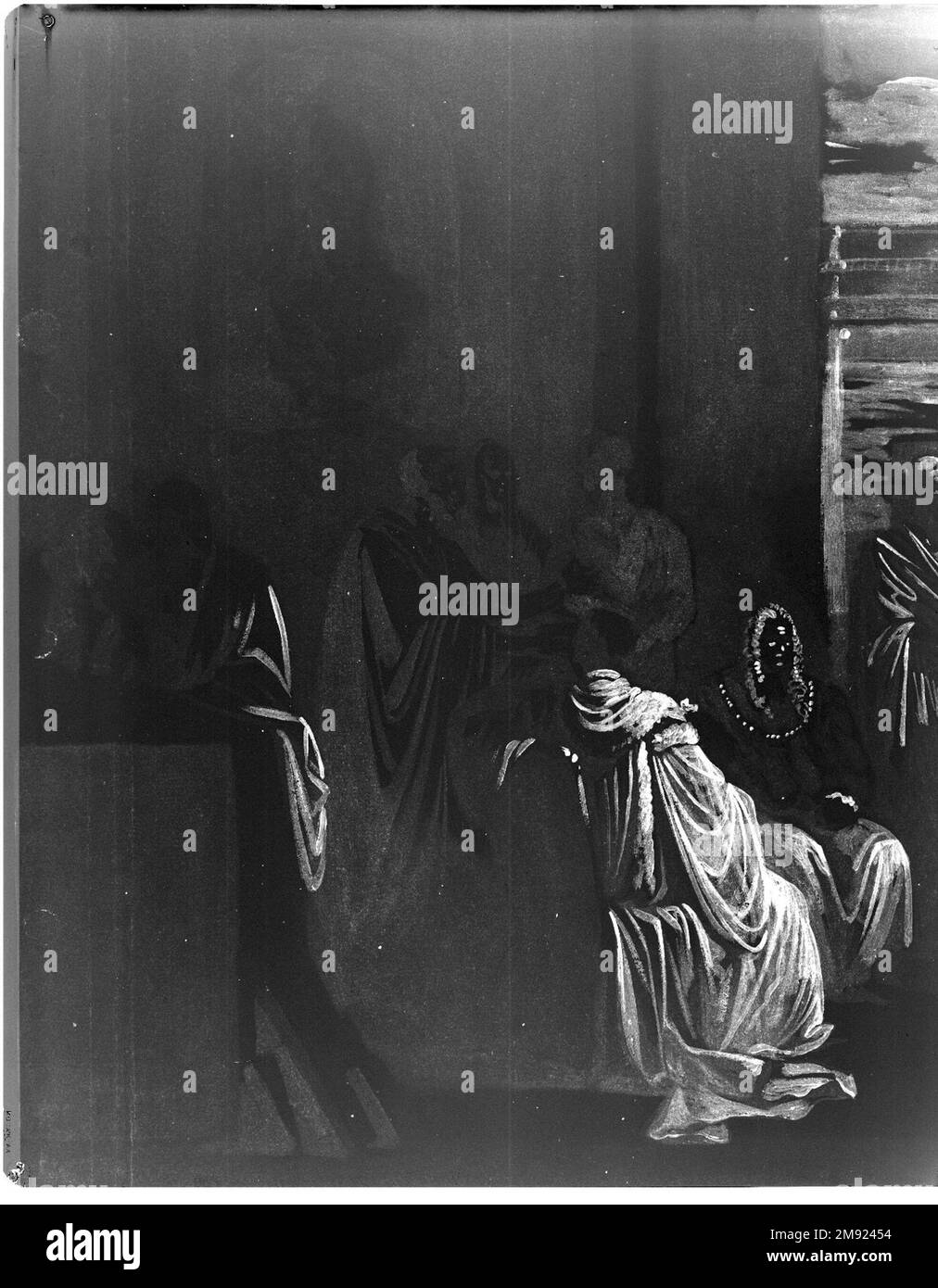 Know Thy Self Benjamin West (Amerikanisch, 1738-1820). Erkenne Dich Selbst, 1768. Eisen Tinte und Wasch, Öl Impasto und Wasch auf elfenbeinfarbenem, mäßig dickem, mäßig strukturiertem Laienpapier, Blatt: 18 3/4 x 25 1/2 cm (47,6 x 64,8 cm). Wahrscheinlich eine Vorstudie für ein nie realisiertes Geschichtsgemälde, stellt Benjamin West's Waschzeichnung eine allegorische Vision der Londoner Royal Academy of Arts dar, einer 1768 gegründeten professionellen Künstlerorganisation, die aus verschiedenen Epochen gebildet wurde. Einige Figuren tragen klassische Togas, andere tragen moderne Perücken und Bademäntel. Zusätzliche Ref Stockfoto